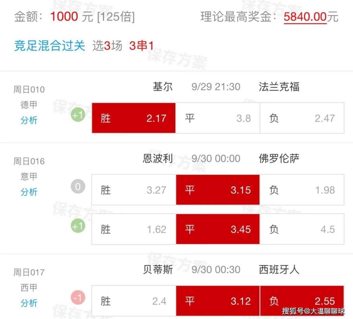 9.29周日精选比赛：基尔VS法兰克福+贝蒂斯VS西班牙人（昨26√17附扫盘比分）                
    
竞彩推荐：让胜 比分参考：1-1 2-2
竞彩推荐：让平让负 比分参考：1-1 1-0