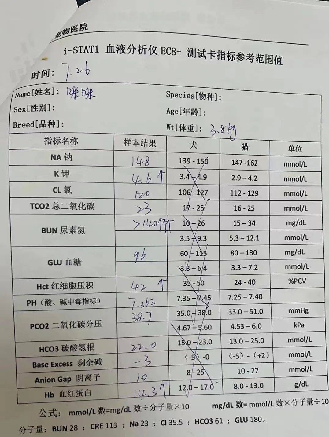 确诊根据检查结果，咪咪肾脏指标尿素氮、肌酐升高。治疗根据咪咪的情况