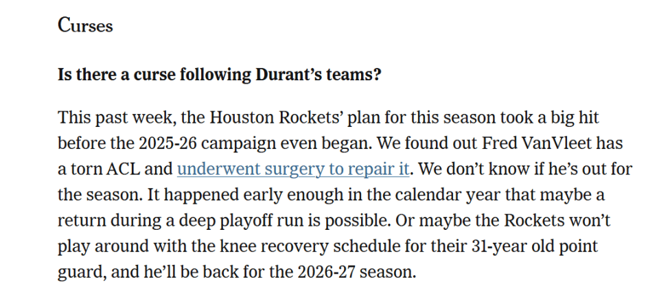 原创 杜兰特魔咒!美媒回顾篮网太阳时期伤病潮:火箭会重蹈覆辙吗?