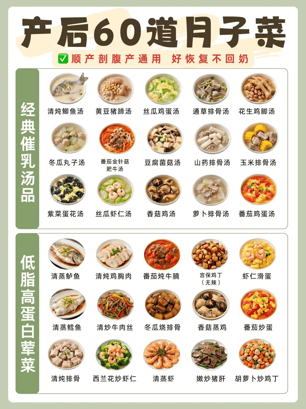 顺产剖腹产通用60道月子菜,奶水足恢复快