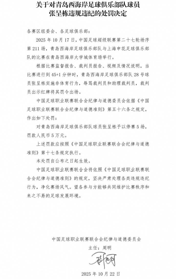 中足联官方：张呈栋因辱骂裁判禁赛五场 罚款五万