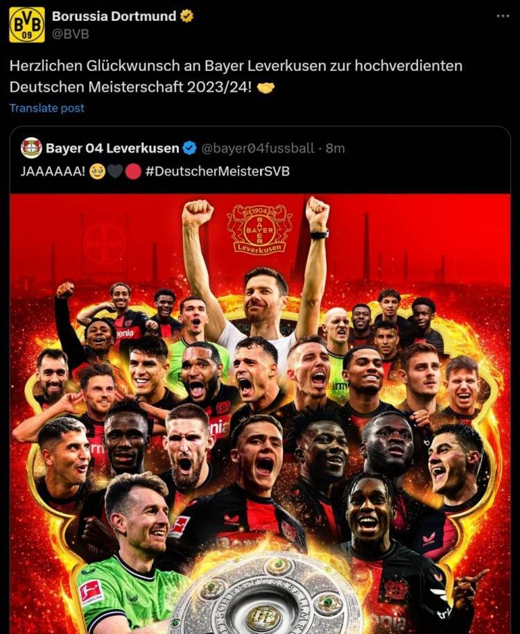 多特祝贺勒沃库森：恭喜夺得本赛季德甲冠军，实至名归！