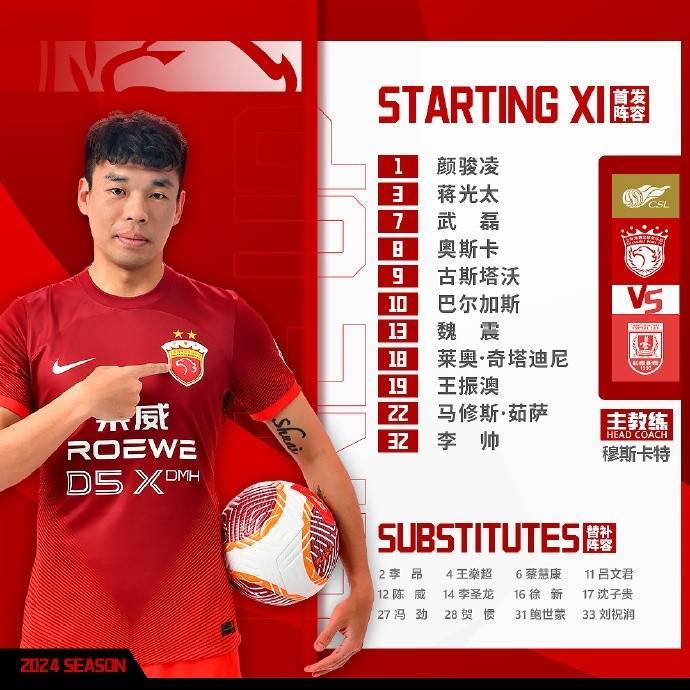 中超联赛第11轮上海海港vs长春亚泰，今日首发名单