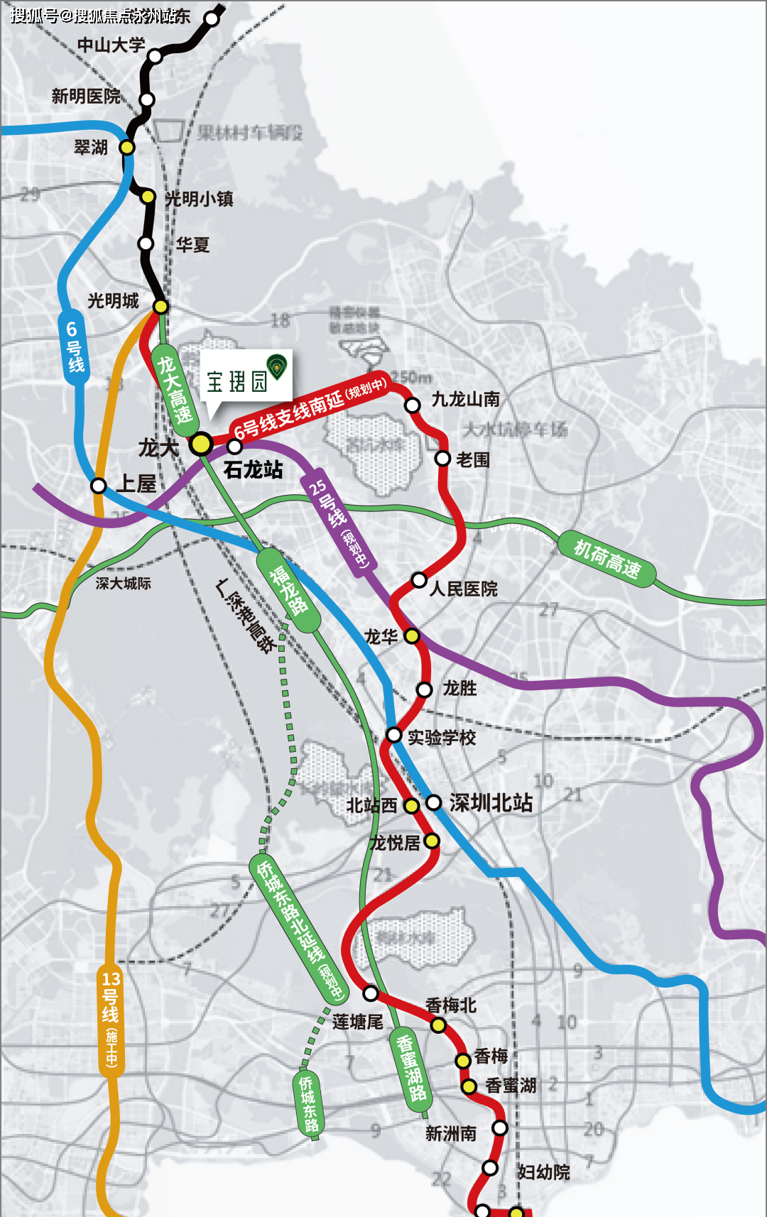 项目临近地铁6号线上屋站,官田站,13号线(在建中),范围500米之内规划