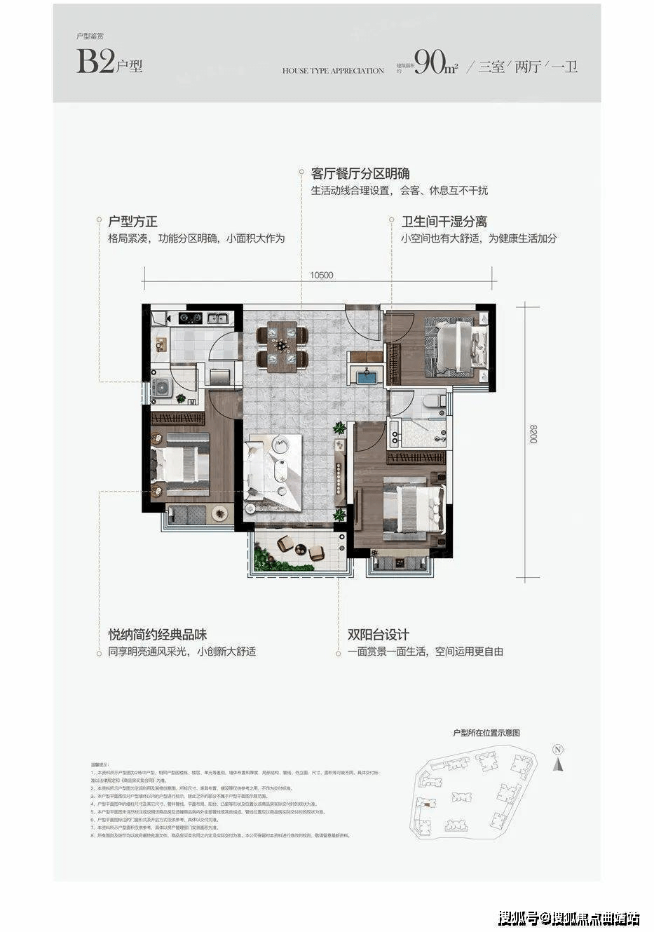 122平d1戶型為東南端戶,四室兩衛,戶型朝南,相較105平戶型,主臥與其餘