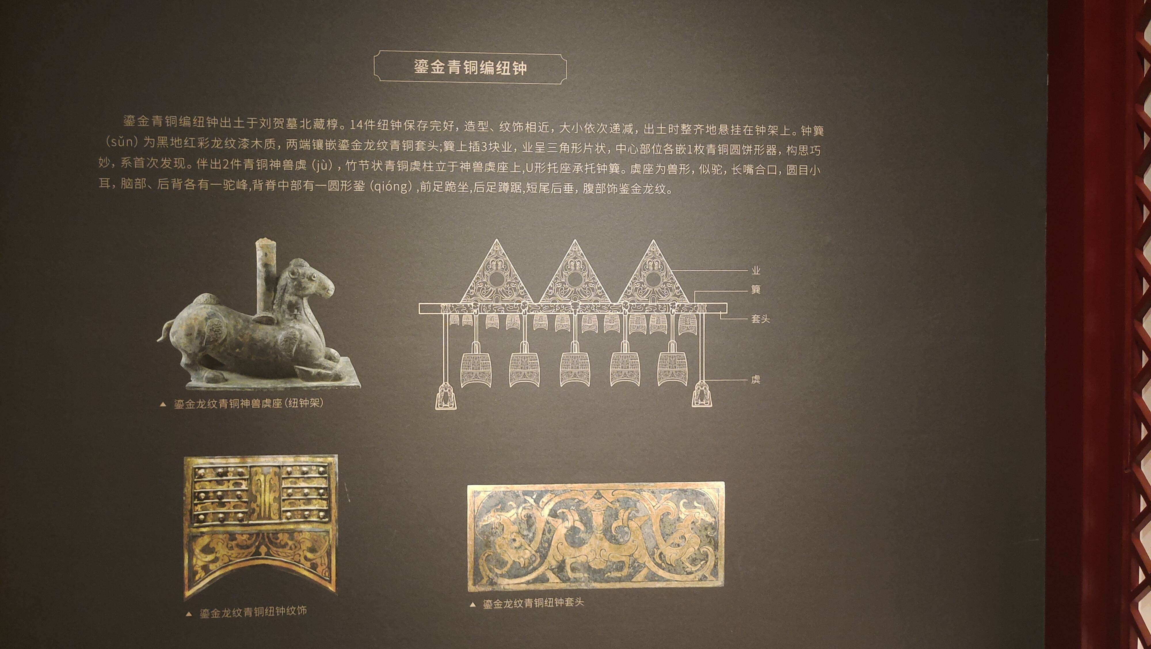 海昏侯刘贺墓出土了十几个钮钟,十个甬钟,这次展示的是五个一组的大
