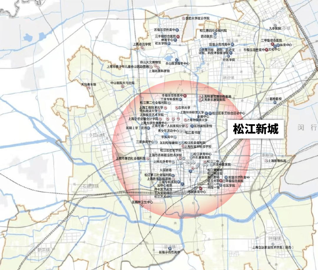 城市資源從東到西一字排開,有萬達廣場,印象城,東華大學(松江校區)