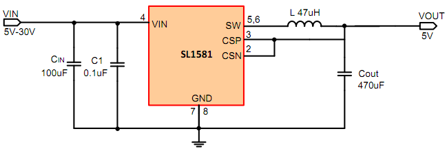 sl1581降壓恆壓芯片 4v至30v降5v輸出 電流2.4a 電路