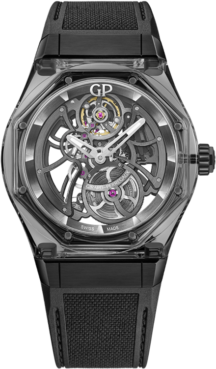 两个黑色pvd镀层钛金属表耳与表壳集成于一体,将表身与黑色橡胶表带