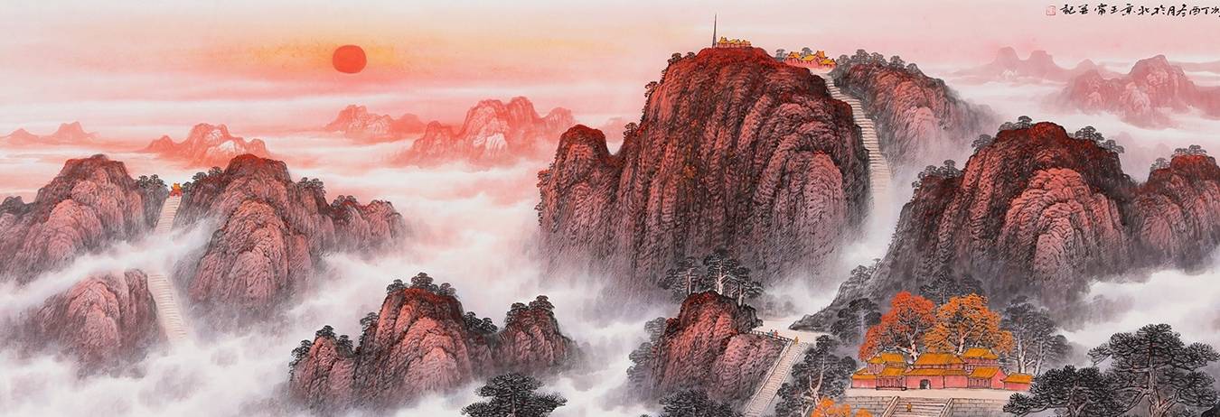 用壮阔的瀑布景观和漫山遍野的红叶的谐音,诠释了鸿运当头的美好寓意