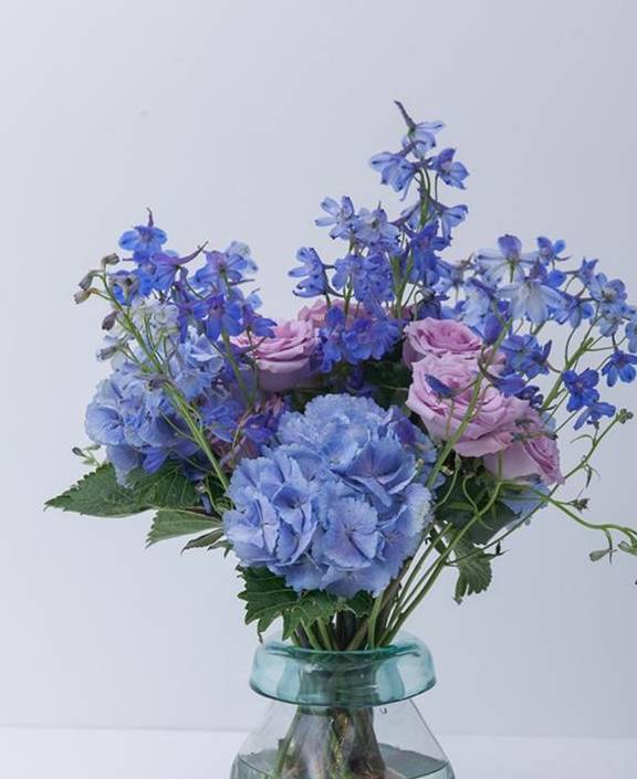 花材:绣球——4只,玫瑰(海洋之歌,冷美人)——10枝,飞燕草——10枝