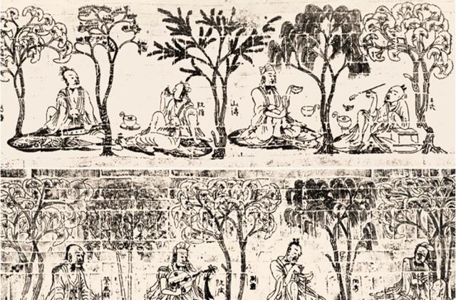 "竹林七贤"砖画,描绘了七贤的纵情任性,表现的是魏晋风度_刘伶_发散