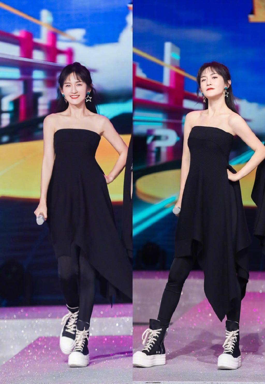 "坡姐"谢娜真敬业,节目中大胆穿斜露肩连衣裙,杰哥快来管管她_裙子