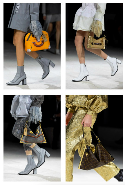 箱的手提柄,还有边缘的铆钉和条纹拼接,致敬在时光中磨损的lv行李箱