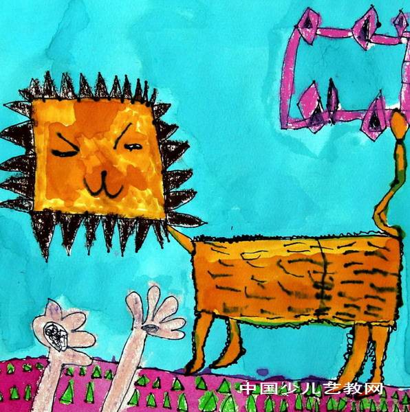 看我在给小狮子喂食少儿画苑国际少儿书画大赛作品赏析