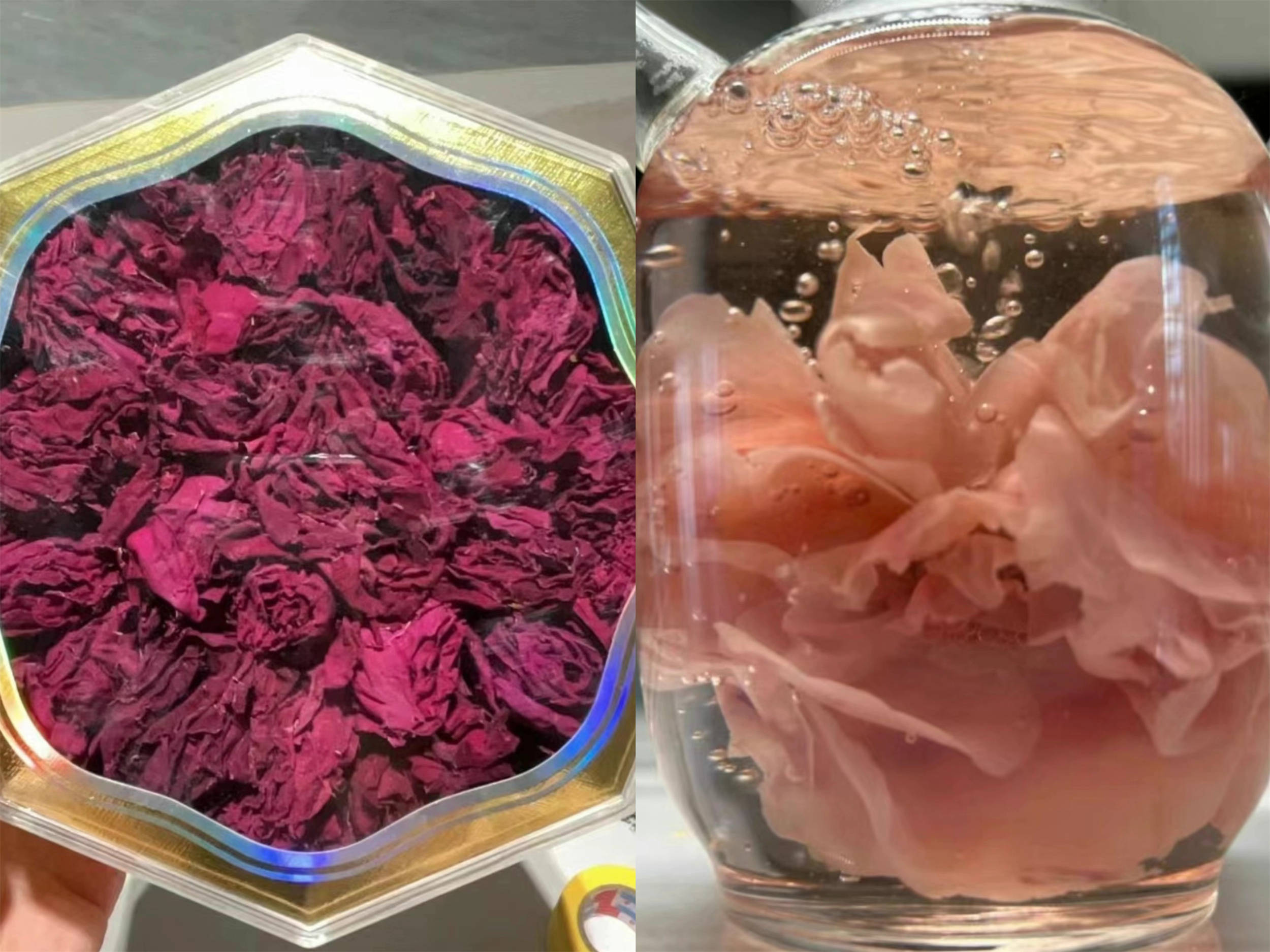 品质非常好的墨红玫瑰,一大盒才卖四十元,一打开就是香气扑鼻,泡出来