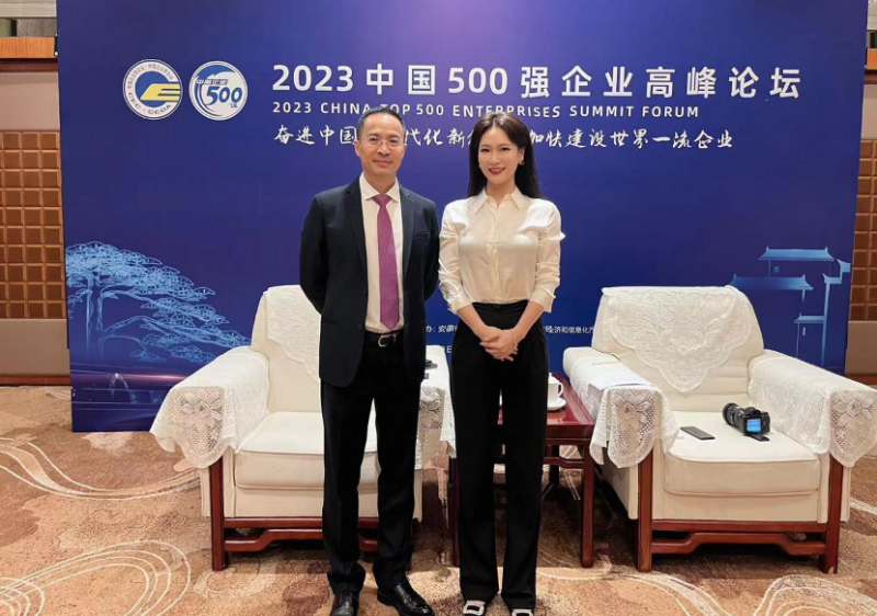 君智战略咨询董事长谢伟山(左)接受新华网采访2023中国企业500强入围