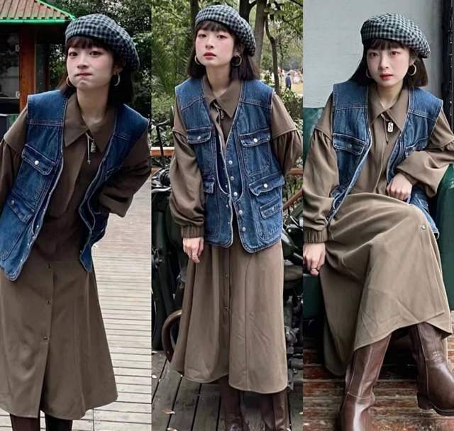 棕色连衣裙 牛仔马甲搭配黑色的长皮靴,更添酷感,一身穿搭甜美感与酷