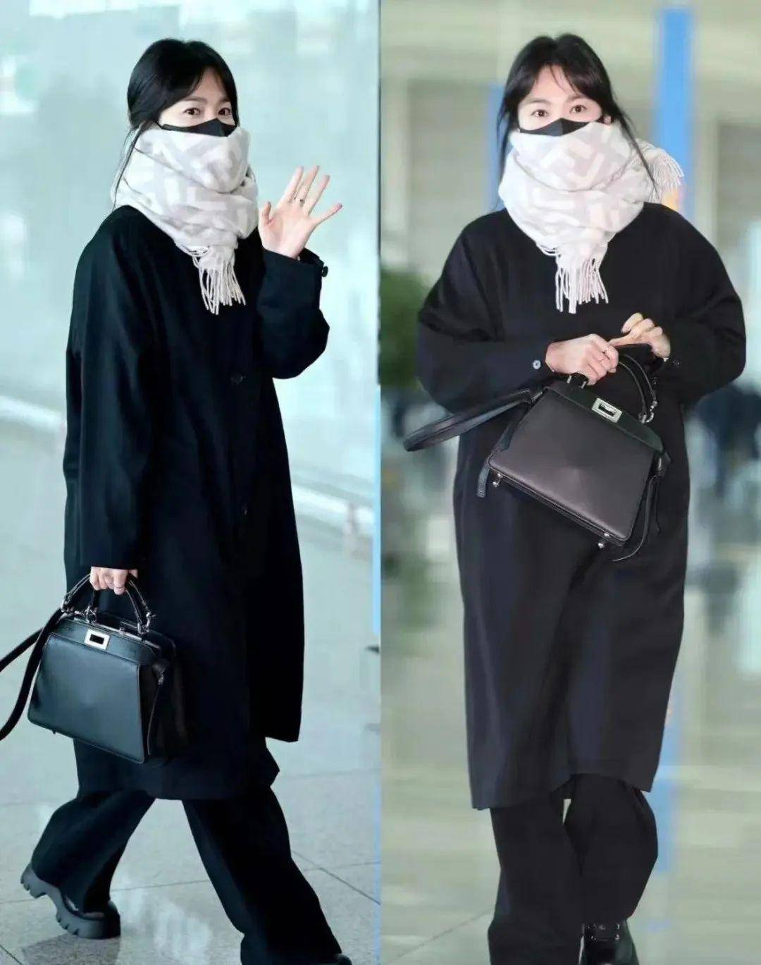 黑色大衣 黑色阔腿裤 格纹围巾时尚穿搭技巧(二)宋慧乔最近的一组街拍