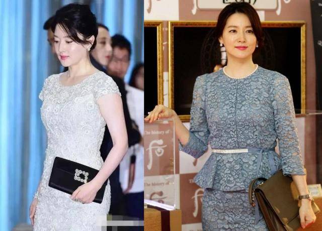 中韩女演员同框很少见。一个是像女孩一样的粉红色裙子，另一个像麻袋，但它可以漂亮地回来。