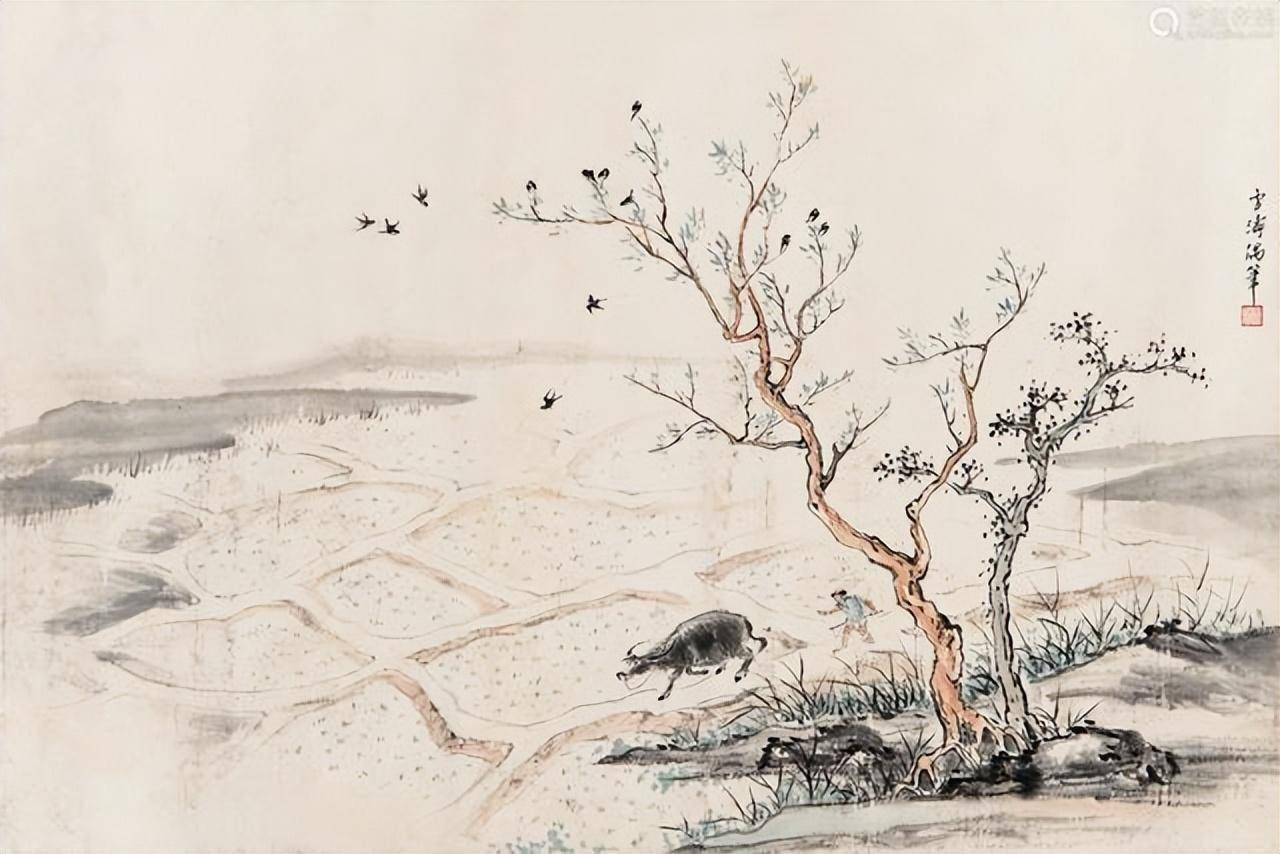 耕雨每怜黄犊健,带经犹爱小儿勤.新生野水瓜藤绕,旧作田塍井字分.