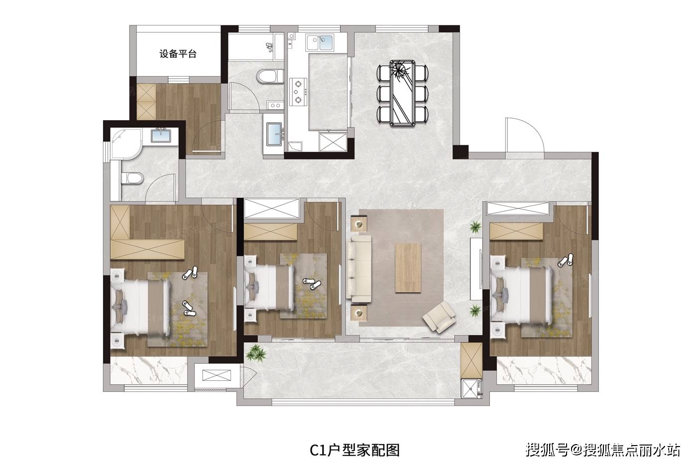 4室2厅2卫东城金茂悦 平层户型·建面/143㎡户型方正卧室朝南