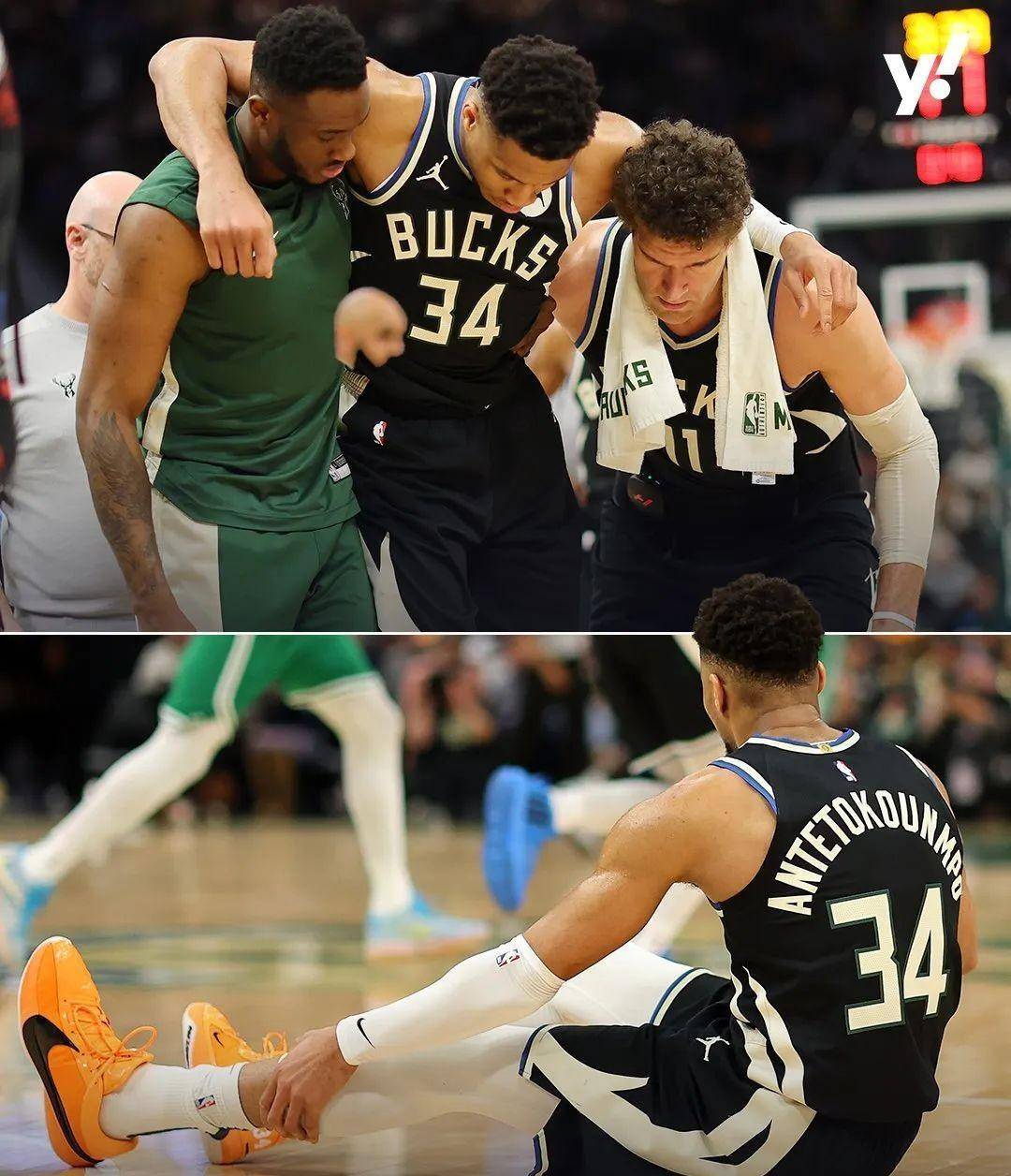 字母哥过去一段时间一直患有跟腱炎,所以当他毫无抵抗地摔倒在地时