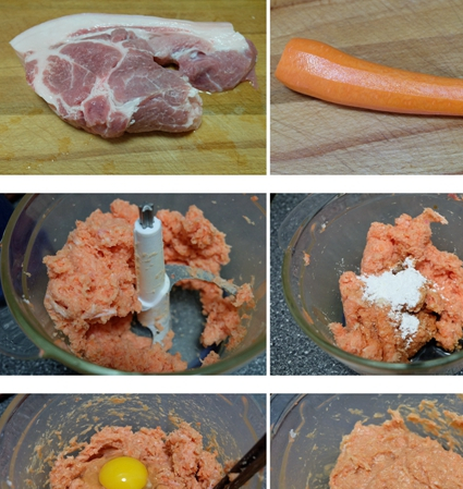 把肉块和胡萝卜块放到绞肉机里,启动绞肉机,绞成胡萝卜肉泥,去掉刀头