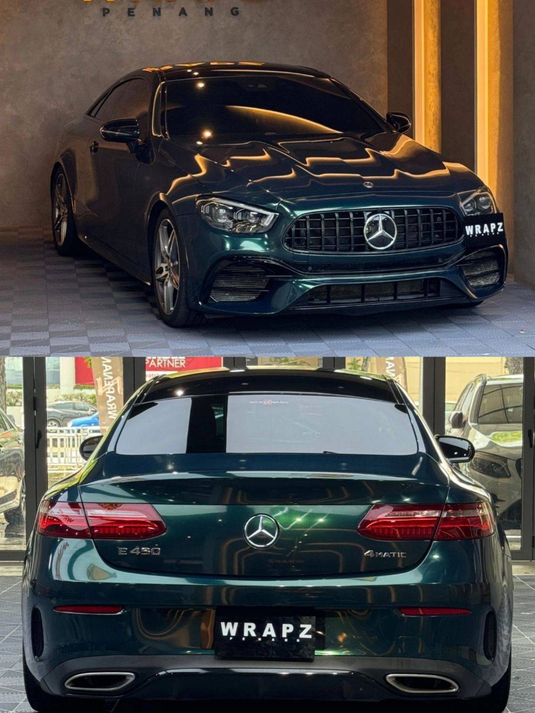 奔驰e450lb改色膜原厂漆圣雷莫绿金属质感柔和且高贵