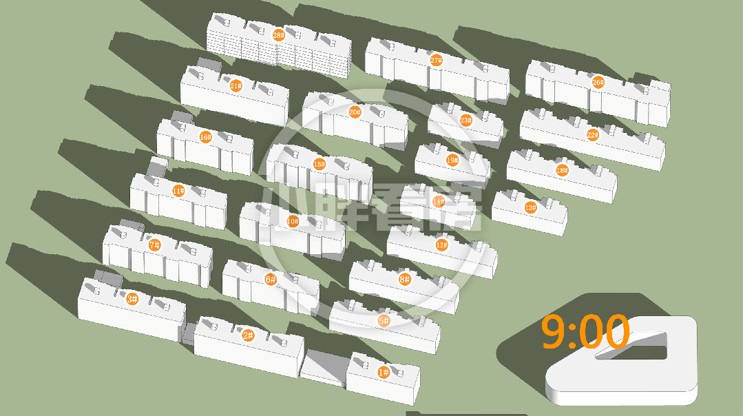 大寒(9-15时)在售楼栋日照时间和动图春秋季:28#采光优异几乎不存在