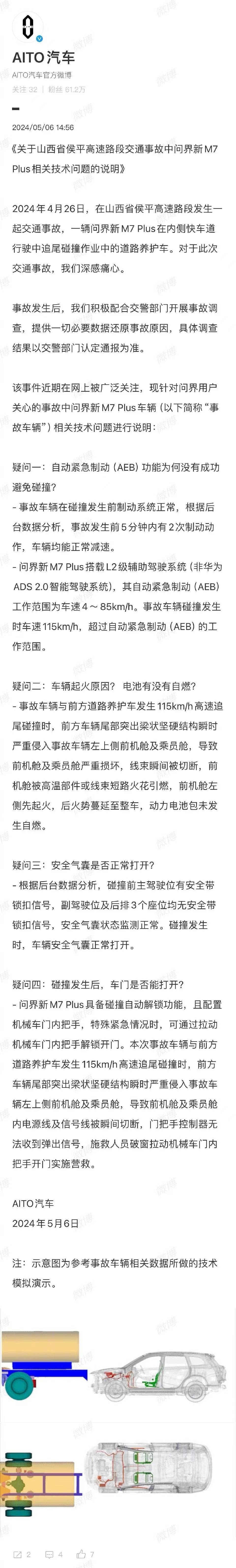 问界官方回应M7车祸：新能源时代更要敬畏车速-问界官方回应背刺