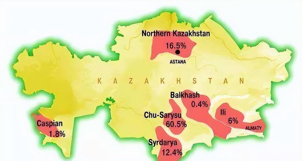 哈萨克资源分布图在哈俄边境地区,存在着许多制造业,因为哈萨克斯坦是