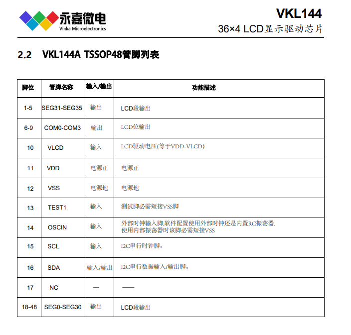 va屏液晶驱动高抗干扰抗静电lcd驱动vkl144超低电流液晶驱动