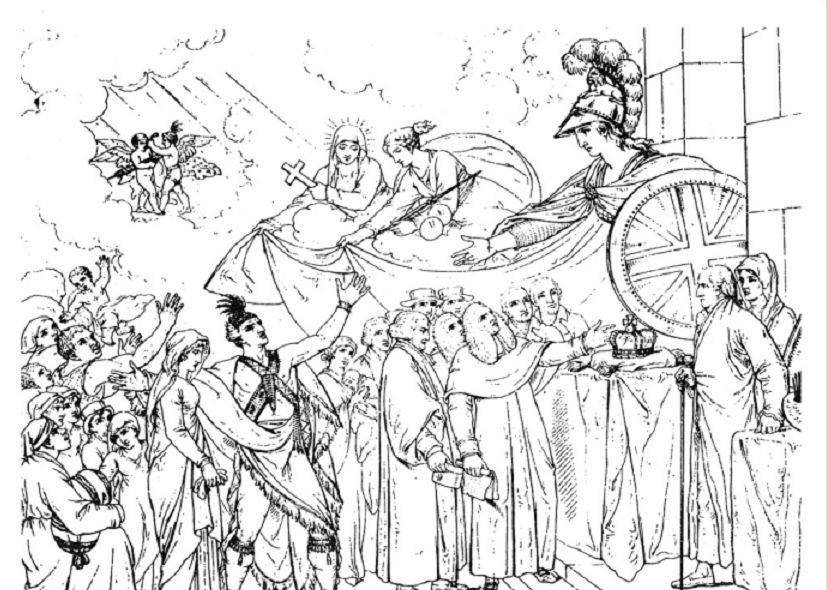 美洲殖民地的效忠派,并承诺给予他们补偿(由本杰明·威斯特创作的版画