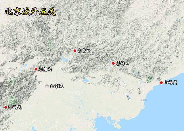 在北京城的外围,自西向东则分别分布着紫荆关,居庸关,古北口,喜峰口