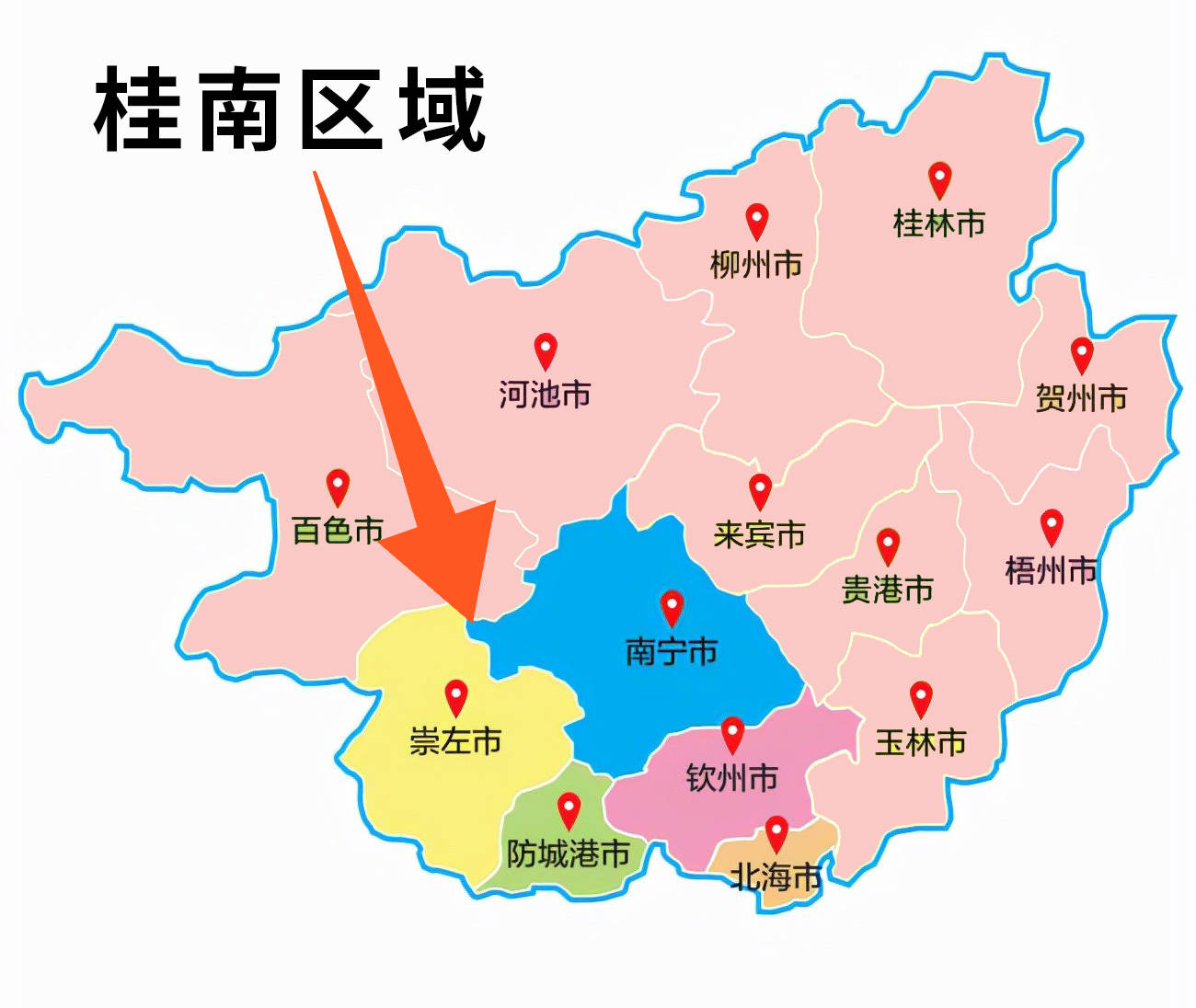 南边就是广阔的北部湾,西边挨着越南,北边连着百色市,河池市,来宾市