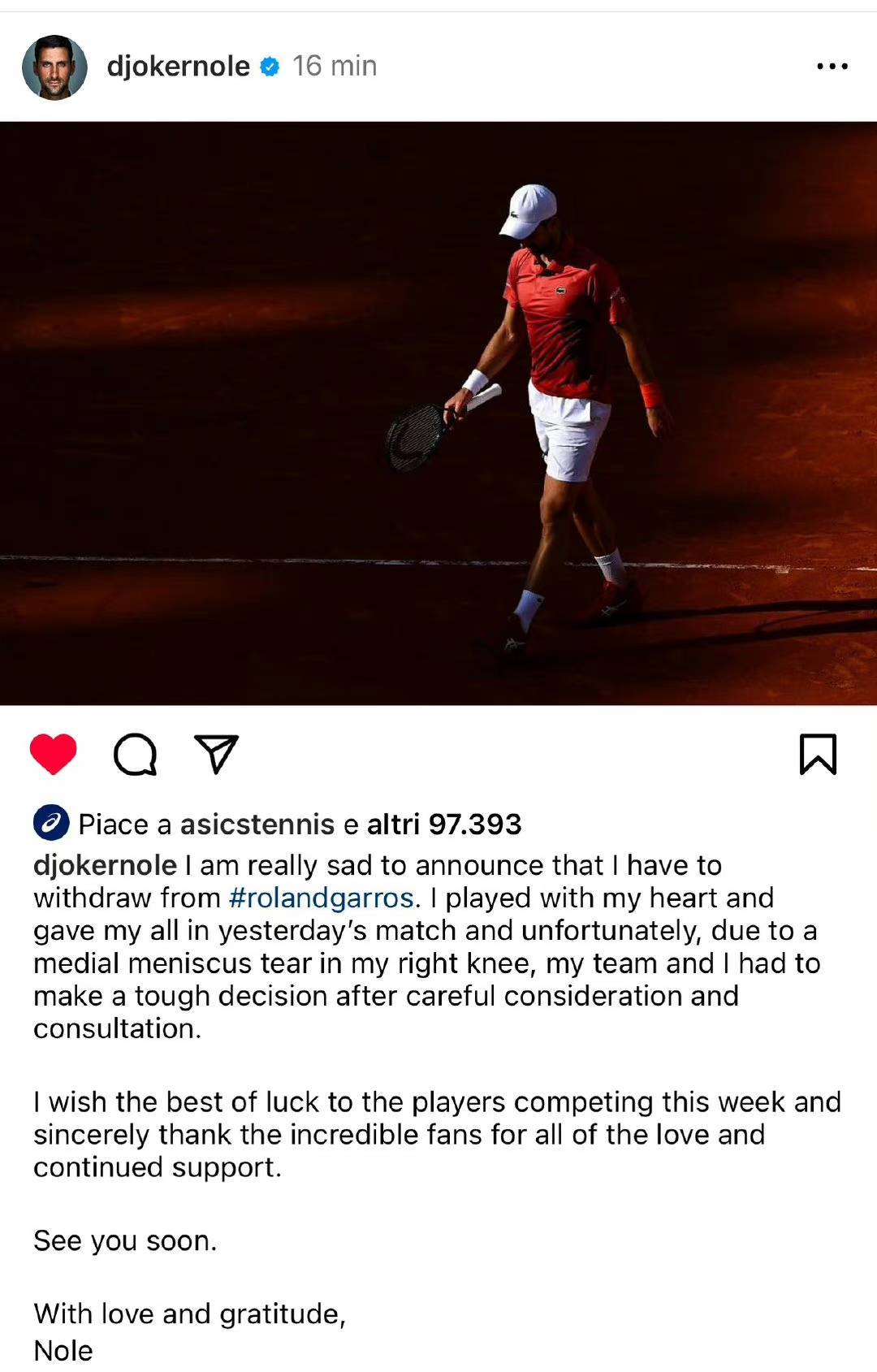 从第四轮赛后的采访来看,法网退赛或仅是个开始_比赛_德约科维奇_右膝