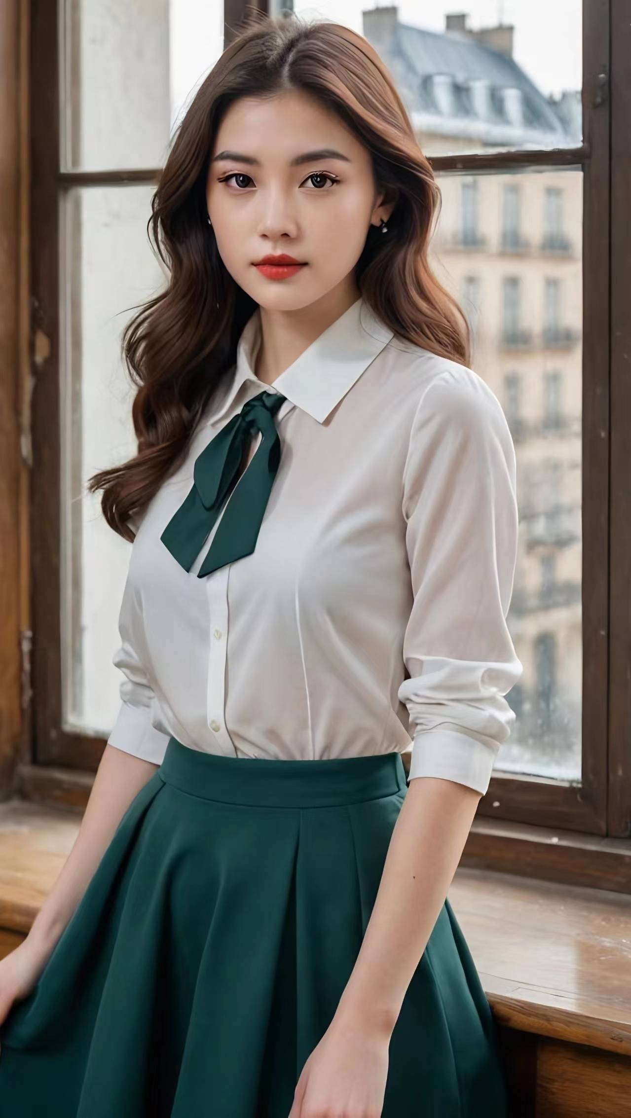 身穿白衬衣和墨绿色长裙的女子,自成一道靓丽的风景线.