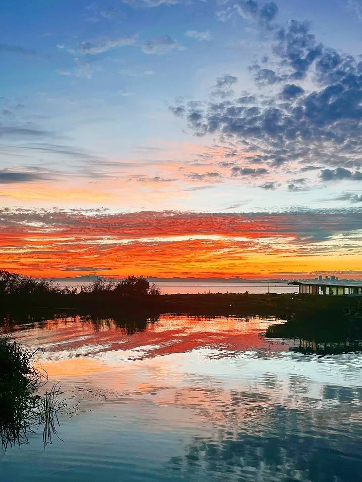 夕阳西下,苏州相城望亭北太湖畔晚霞烂漫,仿佛天边铺开金色画卷