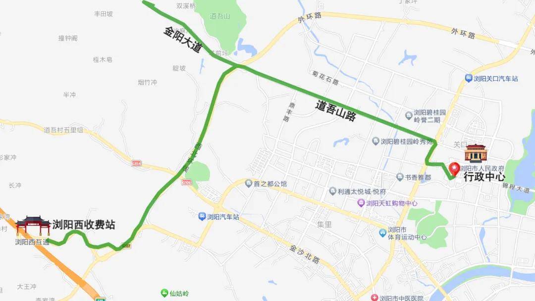 可沿西北环线行驶至道吾山路,最终到达浏阳市行政中心北停车场