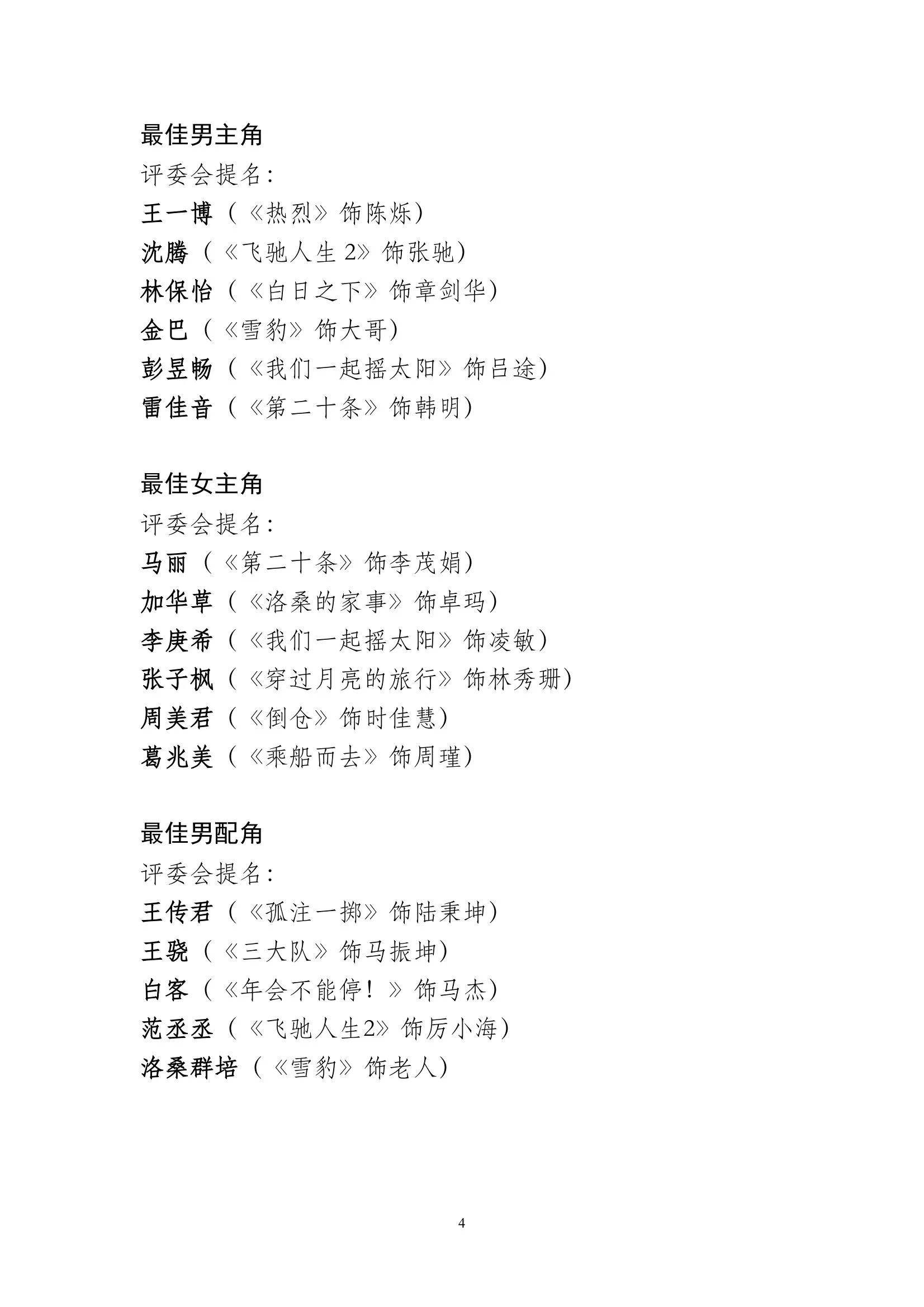 第37届中国电影金鸡奖提名名单公布