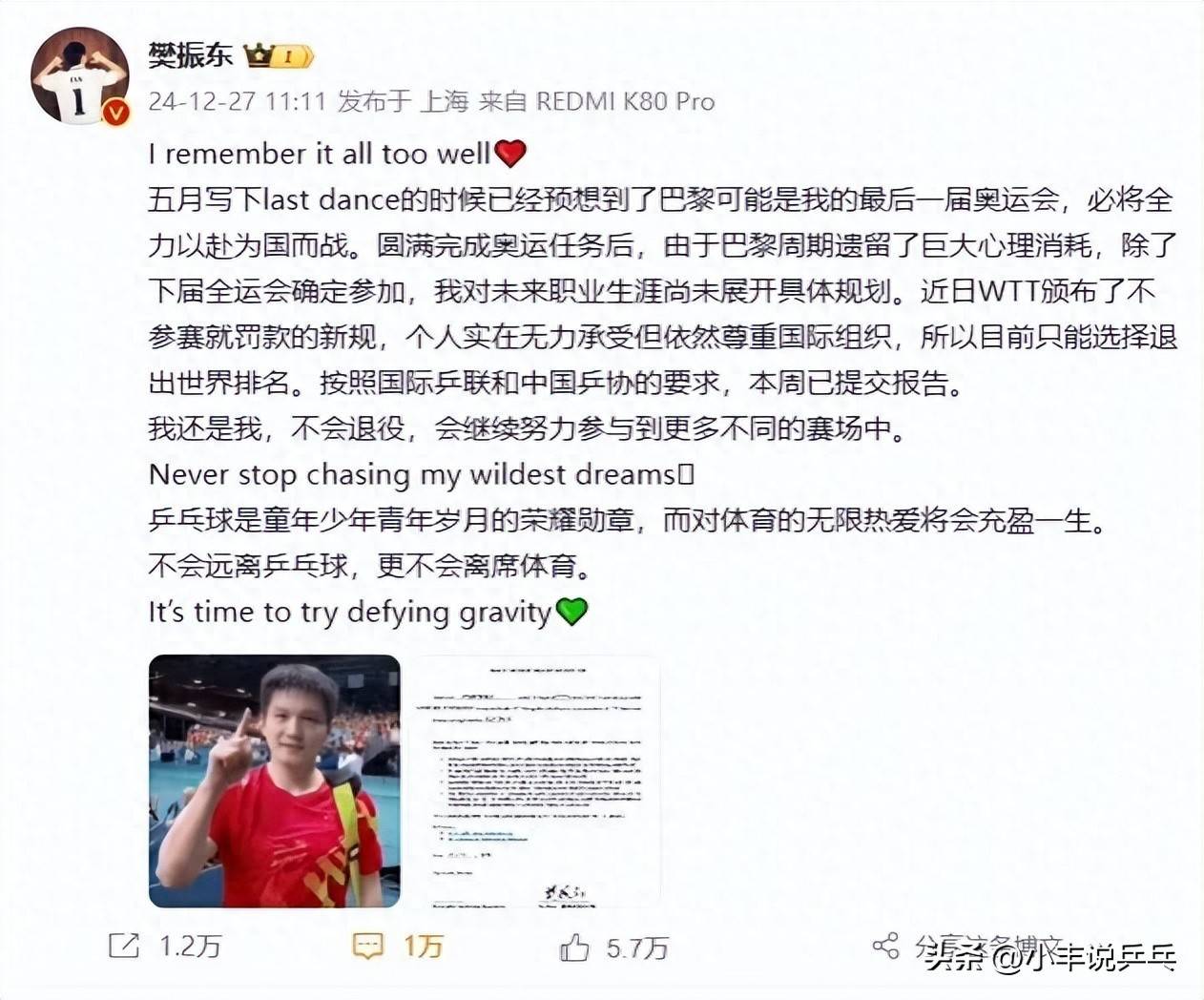 樊振东发文退榜不退役，输不行、赢也不太行，爱乒乓到骨子里！_搜狐网