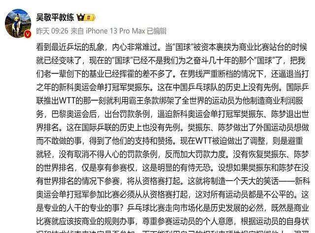 WTT新规下樊振东退赛，国乒名宿开炮与回怼，乒乓球商业化之辩：WTT新规下的国乒风波