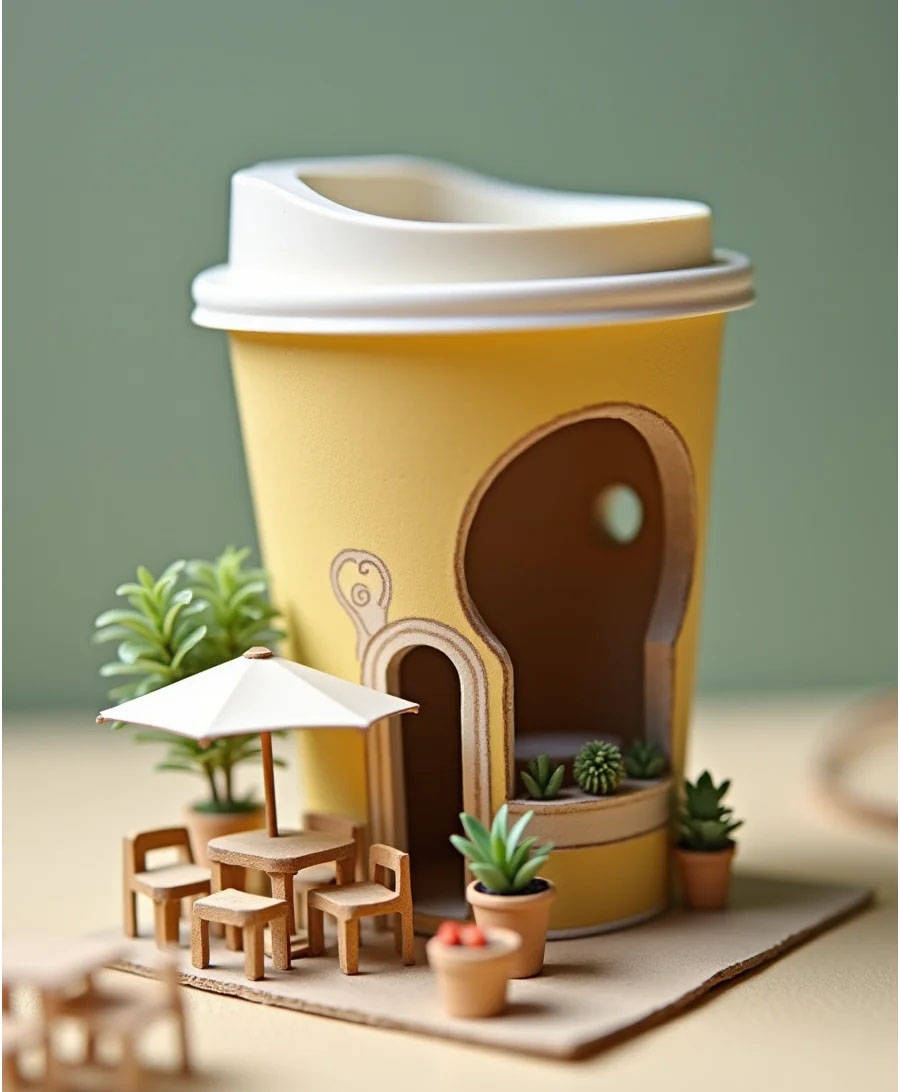 变废为宝:整个咖啡馆模型采用了废纸杯作为主要制作材料,这一创意不仅