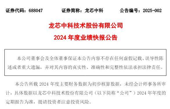 龙芯中科2024年净亏损6.24亿元 工控类芯片营收大降