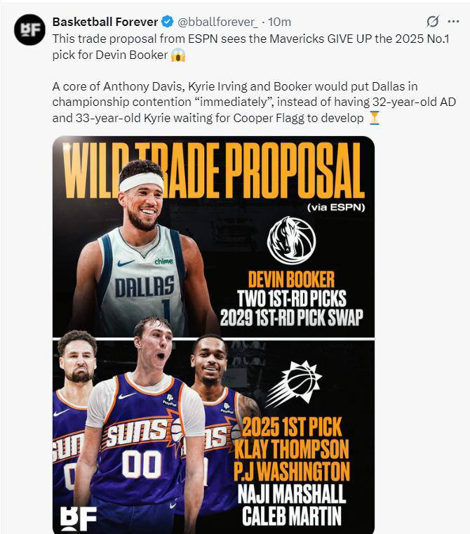 ESPN建议独行侠用状元签换德文-布克，两队媒体纷纷回应
