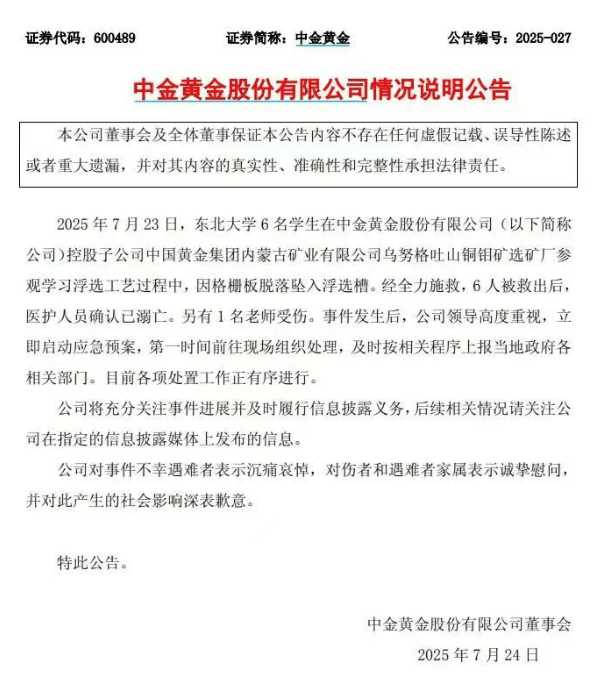 6名大学生在访问一家企业时被淹死。 CICC黄金：