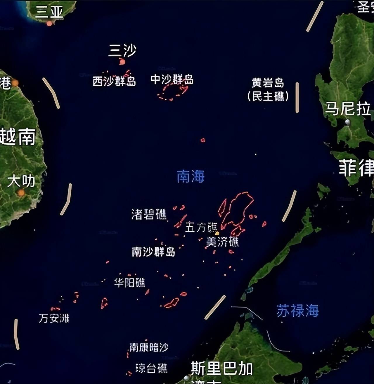 五方礁位于南沙群岛的东北部,礁盘总面积大约有80平方公里,潟湖面积也