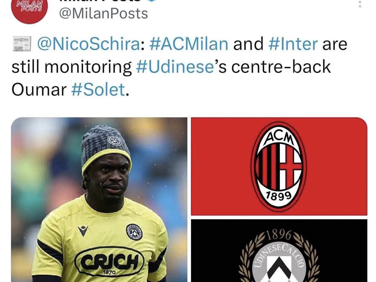 意甲媒体透露：米兰正在重点关注乌迪内斯后卫球员索莱，不过要面临国米的竞争