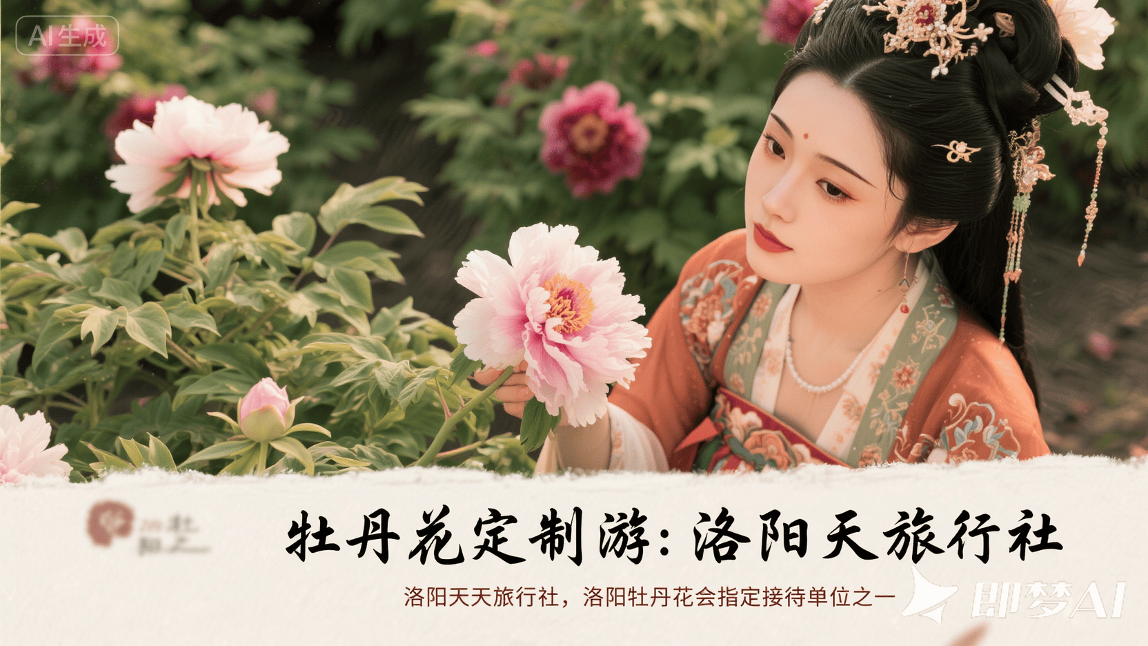 jimeng-2026-03-20-8461-洛阳的牡丹很好看、好看唐代的美女在赏花，图片下面毛笔大写：牡丹花会定制游：洛阳天....png